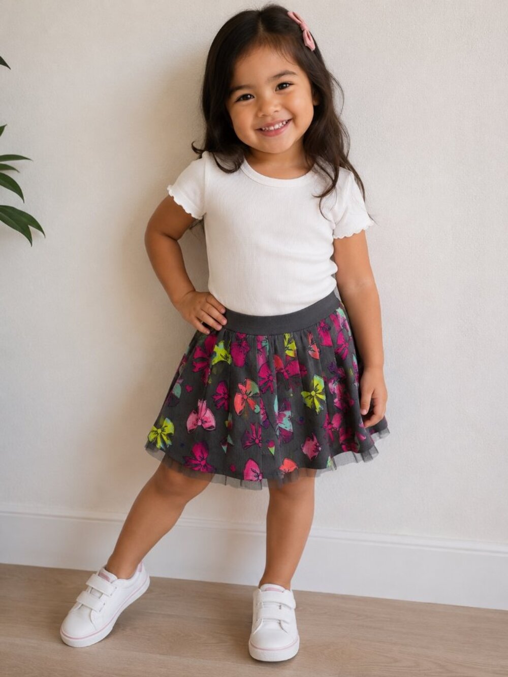 Sonoma Lifestyle Girls Size 5 Bow Print Skort Gray Pink Tulle Hem Pull On Skirt